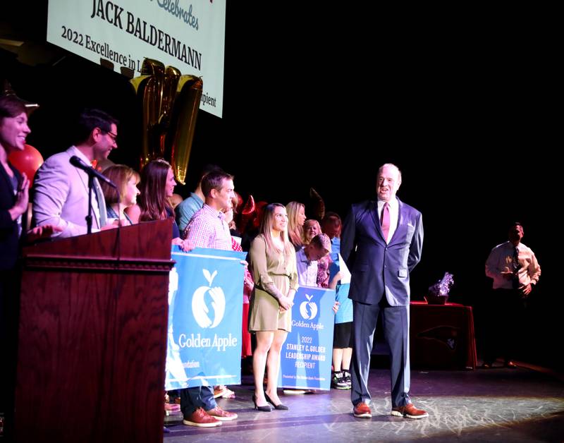 Westmont High School Principal Jack Baldermann was honored with a surprise all-school assembly to announce his Golden Apple Award for Excellence in Leadership on Thursday, May 12, 2022.
