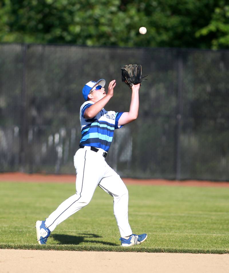 St. Charles North’s Trevor Lambel makes a catch in the infield during a Class 4A St. Charles North Sectional semifinal game against South Elgin on Wednesday, May 29, 2024.