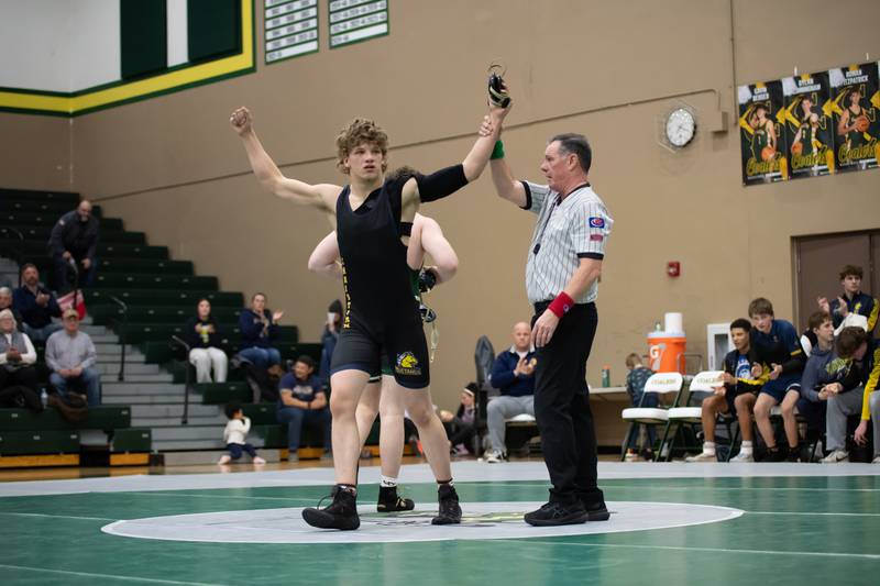 Yorkville's Hayden Wheeler celebrates victory in the 285-pound match during the IHSA Class 1A Coal City Dual Team Sectional on Thursday, Feb. 5, 2026.