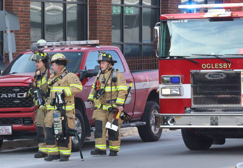 Oglesby firefighters respond to Fire On Fifth in the Westclox building on Tuesday, Jan. 20, 2026 in Peru. A working fire started in the storage room inside of Fire on Fifth. The fire started at 10a.m.  Fire departments from Utica, Oglesby Peru and La Salle all assisted on the scene. La Salle and Peru EMS were also dispatched. The entire Westclox building was evacuated. Two employees were transported by ambulance for smoke inhalation. A smoke detector inside Star Union Spirits triggered an alarm, prompting a fast response from firefighters.