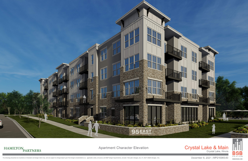 A rendering of a proposed four-story apartment building, which would house 48 units at 95 E. Crystal Lake Ave. in Crystal Lake. The apartments would be part of a larger residential development that also includes nine townhome-style buildings, totaling 51 units.