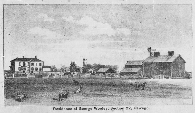 George Woolley’s elaborate Italianate farmhouse, illustrated in this 1890 engraving, is still standing on the family farm south of Oswego on Woolley Road.