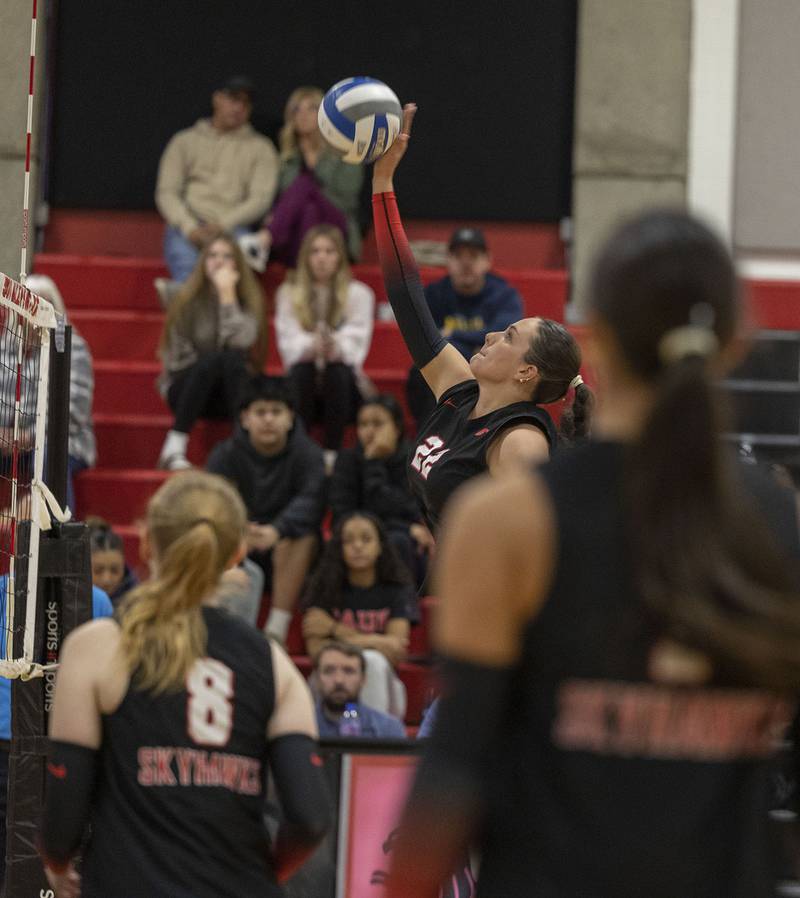 Sauk Valley’s ReAnna Brant plays the ball against Triton College Wednesday, Nov. 5, 2025, during the Regional IV tournament.