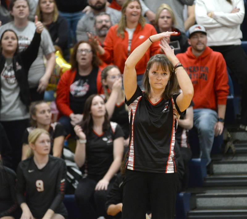 Fulton coach Stacy Germann calls a time out as she questions a call in a close second set against Galena during 1A action at the Polo Sectional on Tuesday, Nov. 5, 2024 at Polo High School.