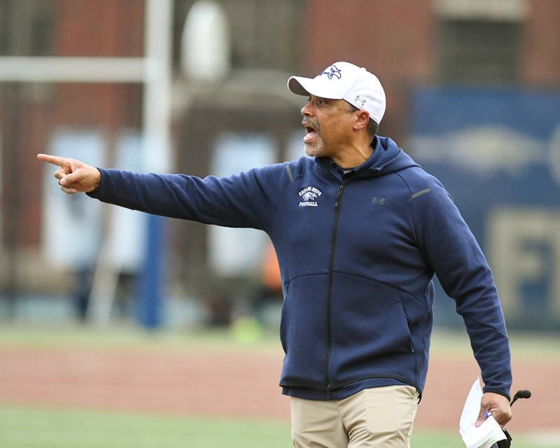 Chicago Hope Academy’s head coach Chris Mallette yells for a flag to be thrown during the 3A Playoff game against IC Catholic Prep on Saturday Nov. 1, 2025, held at Altgeld Park in Chicago.