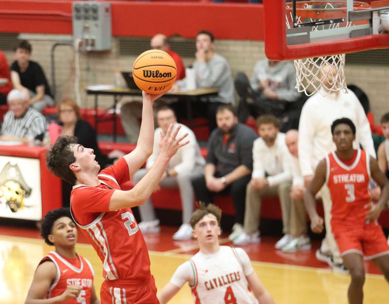 Streator's Colin Byers runs in for a layup against L-P during the Dean Riley Shootin' The Rock Thanksgiving Tournament on Monday Nov. 24, 2025 in Kingman Gymnasium at Ottawa High School.