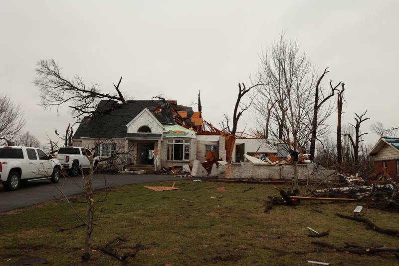 Damage is seen along Elmwood Drive in Aroma Park  on March 11, 2026 following a March 10 tornado that passed through Kankakee County.