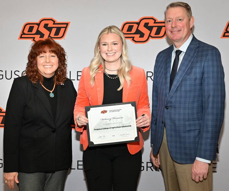 (Left to right); OSU associate dean Cynda Clary, Delaney Hemann, and OSU agriculture vice president and dean Jayson Lusk