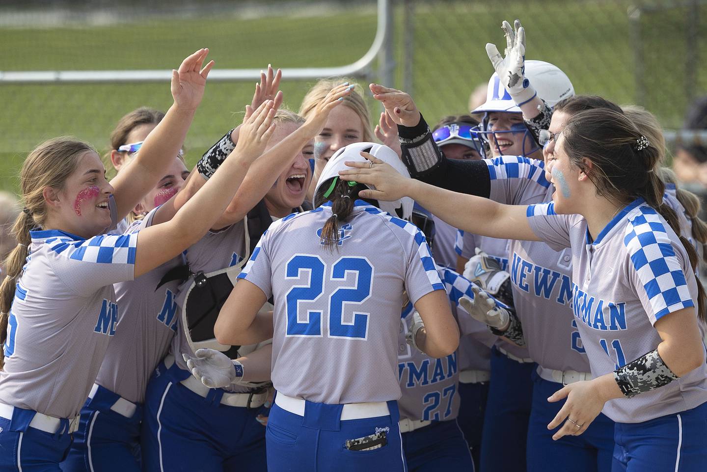 Teammates celebrate Newman’s Madison Duhon’s two-run homer against Putnam County Thursday, May 18, 2023.