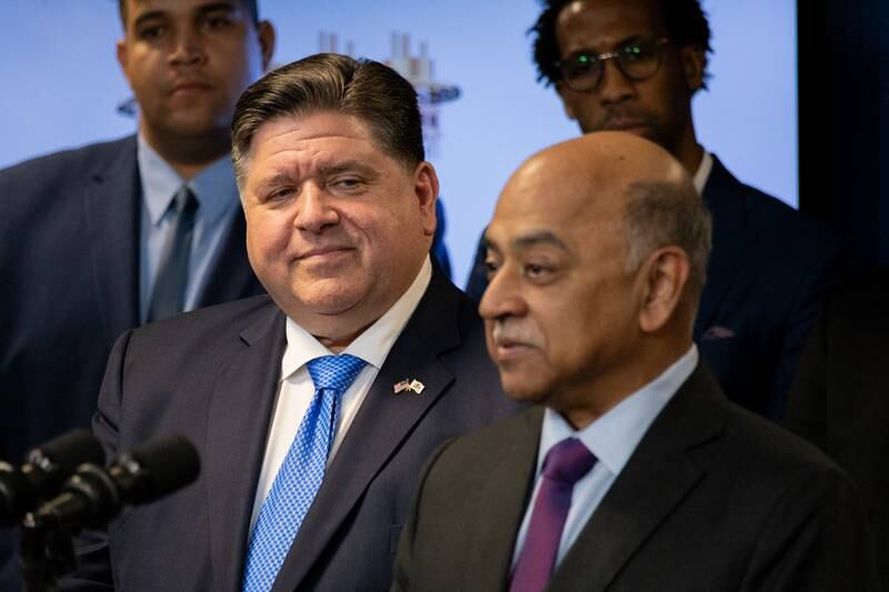 Gov. JB Pritzker watches as IBM CEO Arvind Krishna describes his company’s plan to set up a state-of-the-art quantum computer at the Illinois Quantum and Microelectronics Park on Chicago’s South Side.