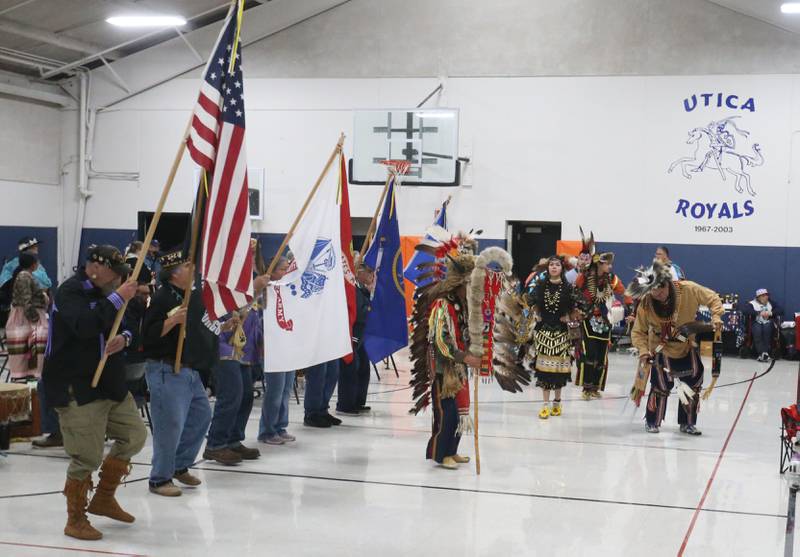 Native Americans lead the Grand Entry for the Starved Rock Pow Wow on Saturday, Nov. 1, 2025 at the Utice Village Hall.