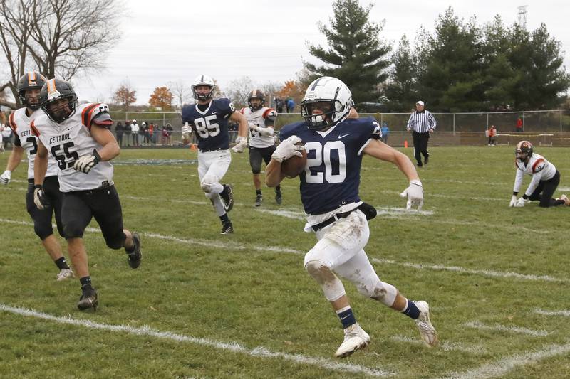 Cary-Grove's Drew Magel runs down the sidelines before being forced out of bounds during their playoff football game against Crystal Lake Central at Cary-Grove High School on Saturday, Nov. 13, 2021 in Cary.  Cary-Grove beat Crystal Lake Central 42-21 and will advance to meet Lake Forest next week.