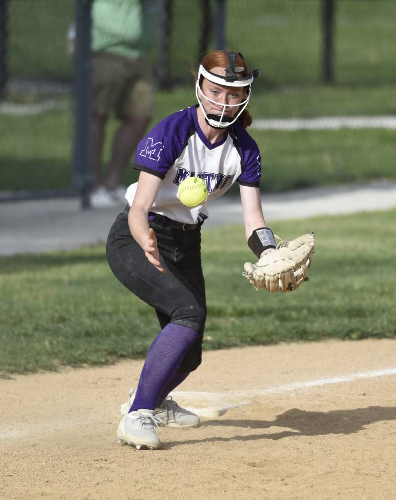 Manteno's Savanna Watkins corrals a ground ball at third base in the fifth inning of a game against Bradley-Bourbonnais on Thursday, May 15, 2025.