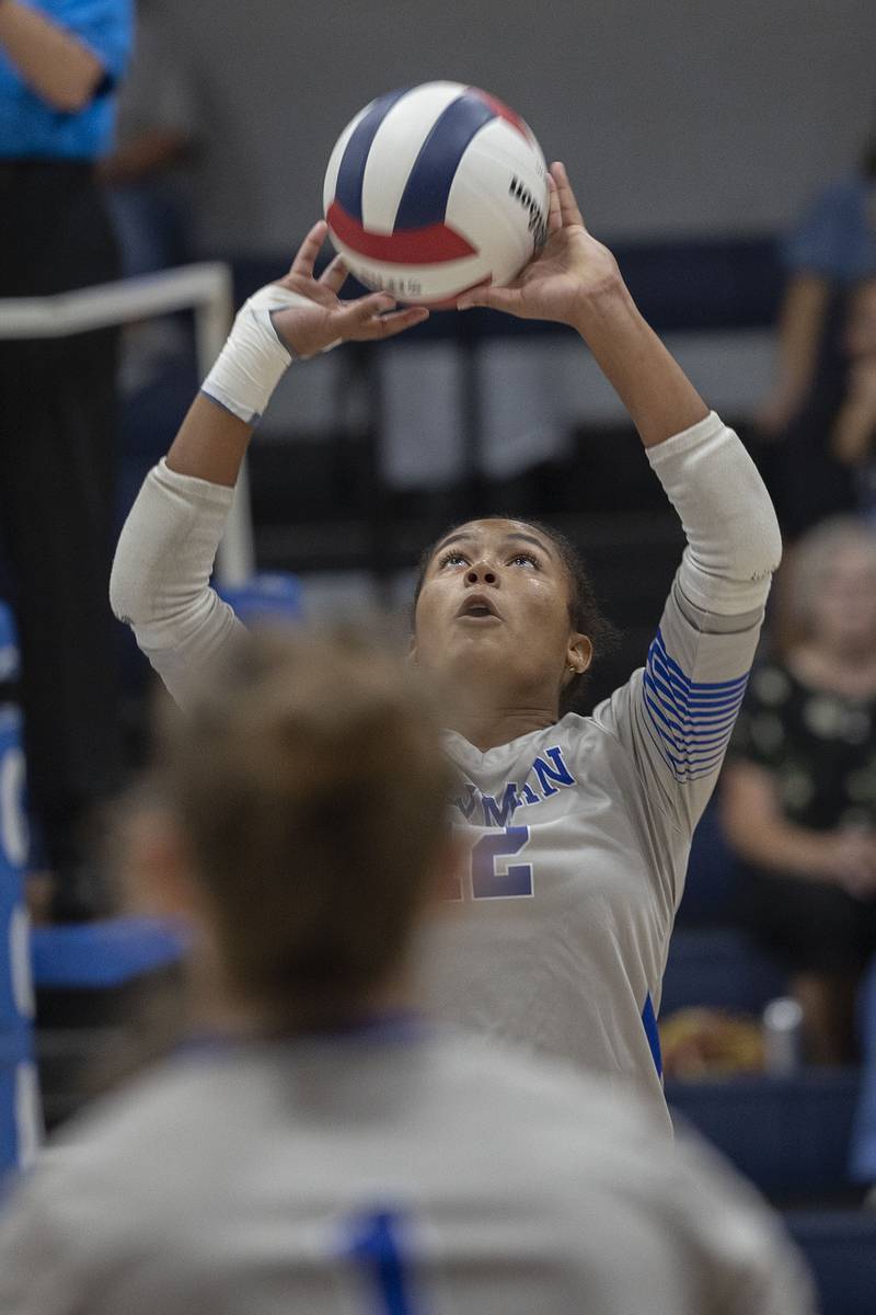 Newman’s Gisselle Martin sets the ball against Mercer County Wednesday, Sept. 24, 2025.