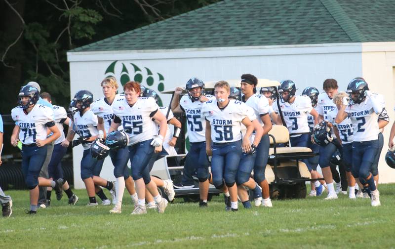 Members of the Bureau Valley football team take the field against St. Bede on Friday Aug. 29, 2025 at St. Bede Academy.