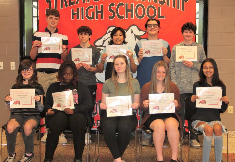 Streator High School students of the month for May 2022 are (first row, left to right) Lauren Trost (Math Department); Keyshundra Manuel (Health & Fitness/P.E./Drivers Ed Department); Emmalyn Haydon (English/Foreign Language Department); Emma Graves (English/Foreign Language Department); and Isabella Wood (Fine Arts/Social Studies Department); (second row, left to right) Aiden Studnicki (Career and Technical Ed Department); Joseph Perez (Science Department); Miranda Flores (Fine Arts/Social Studies Department); Harley Kosur (Student Services Department) and Noah Lurz (Guided Program for Success Department).