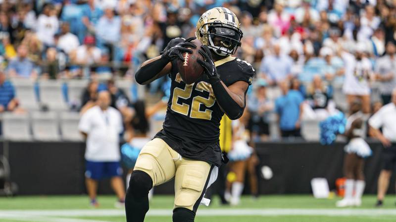 New Orleans Saints running back Mark Ingram II (22) plays against the Carolina Panthers during an NFL football game, Sunday, Sept. 25, 2022, in Charlotte, N.C. (AP Photo/Jacob Kupferman)