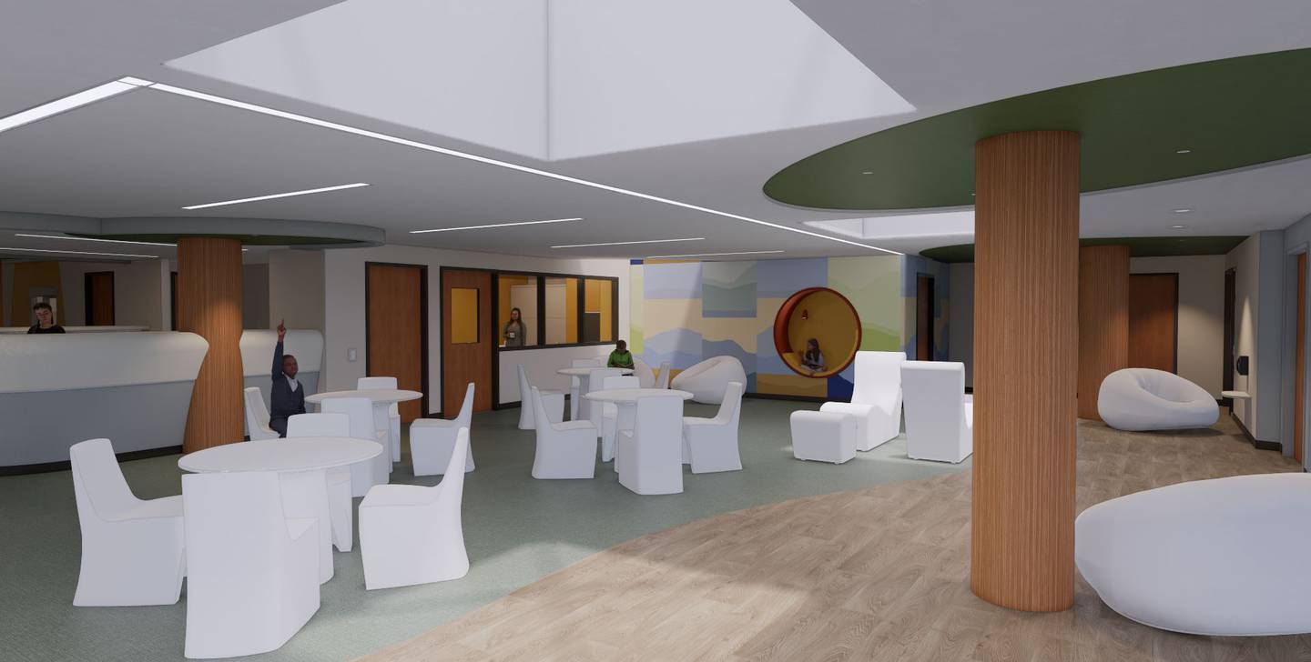 A rendering shows planned updates and expansions to Riverside Medical Center's behavioral health department as part of a $28-million project. The adolescent open activity area is shown here.