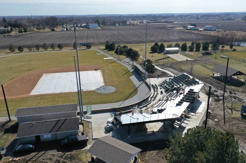 Workers from Hayden Construction install box seats at Schweickert Stadium on Monday, March 6, 2023 in Peru. The stadium home of the Pistol Shrimp grandstand was approved by the Peru City Council last June. This phase included 575 box seats, a new grandstand and press box.