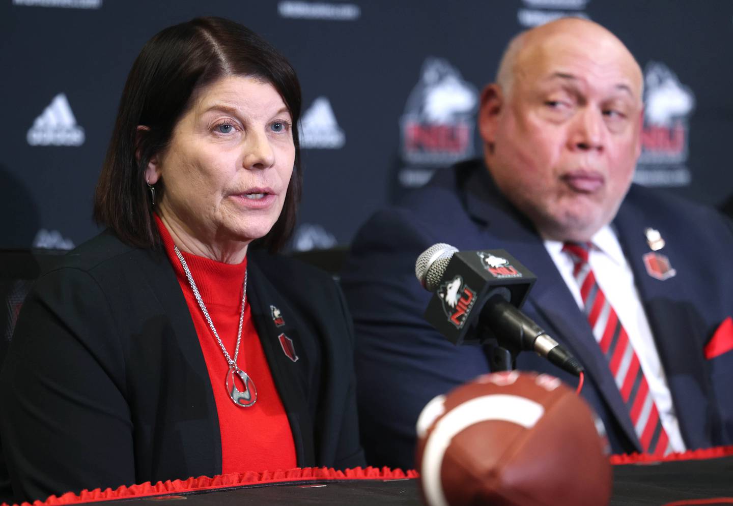 Northern Illinois University president Lisa Freeman answers a question as director of athletics and recreation Sean Frazier looks on during a press conference Tuesday, Jan. 7, 2025, announcing that NIU football will be joining the Mountain West Conference starting with the 2026 season.