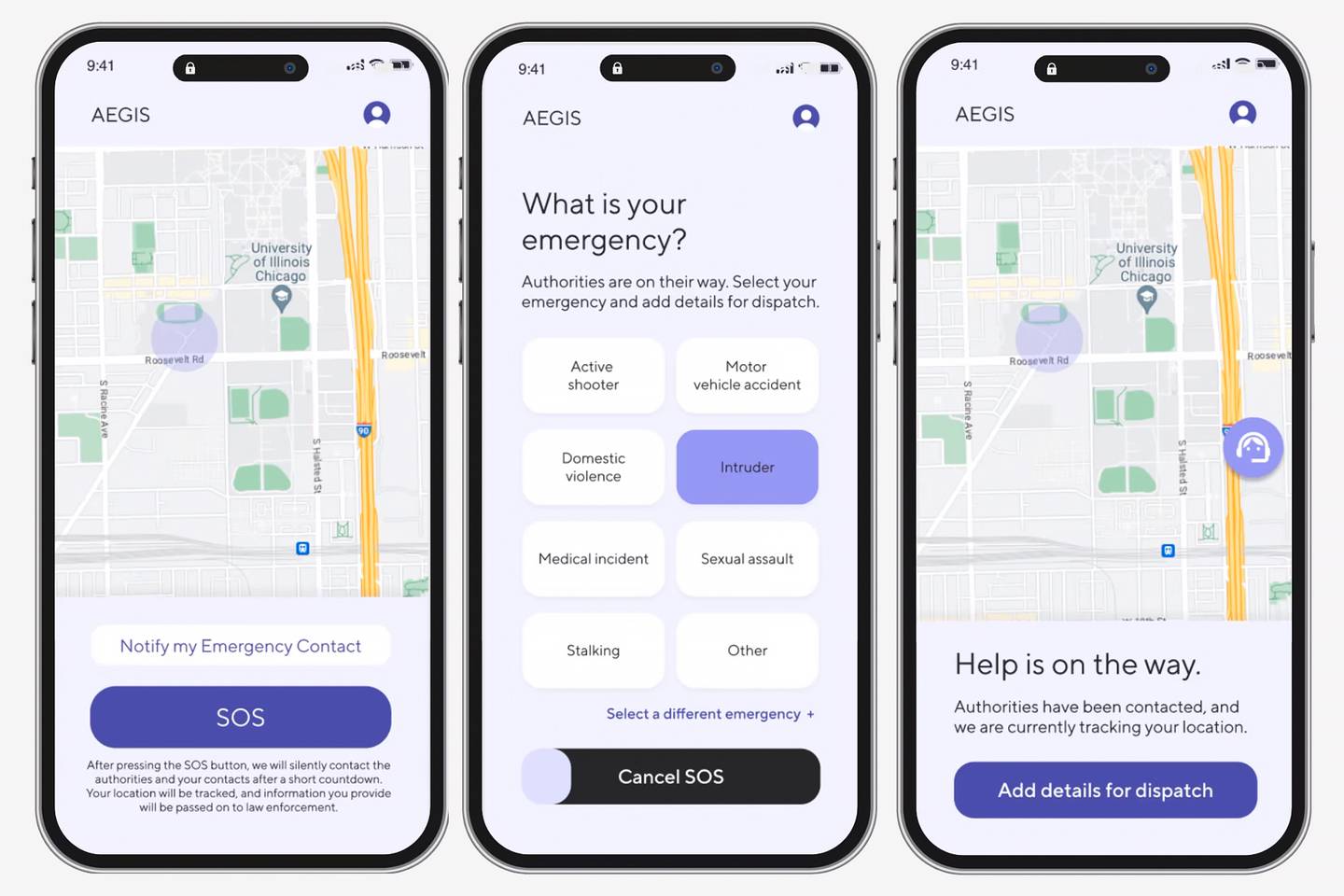 The steps for using AEGIS, a safety mobile app, allows users to contact emergency services without needing to speak.