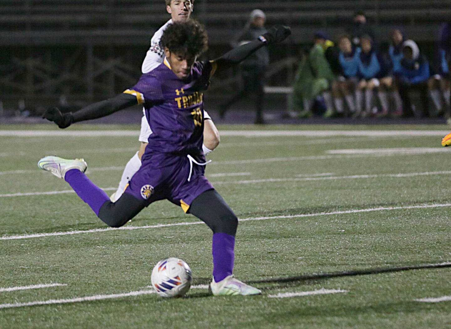 Mendota's Jasiel Watson scores after kicking this shot against Peoria Christian in the Class 1A Sectional semifinal match on Wednesday, Oct. 19, 2022 in Mendota.