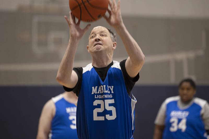 Mike, a Mabley Center Lighting basketball team member, practices his shooting Wednesday, Dec. 18, 2024, at The Facility in Dixon. The team, along with several others in the area, will hit the court in January for a chance to compete in the Special Olympic state tournament.