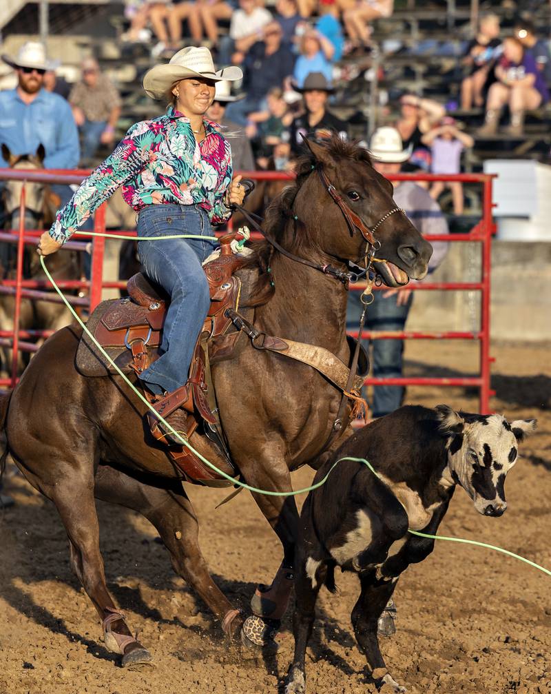 Jada Hammond misses her mark in the calf roping event Thursday, August 7, 2025, at Carroll County Fair’s T and A Bucking Bulls Rodeo.