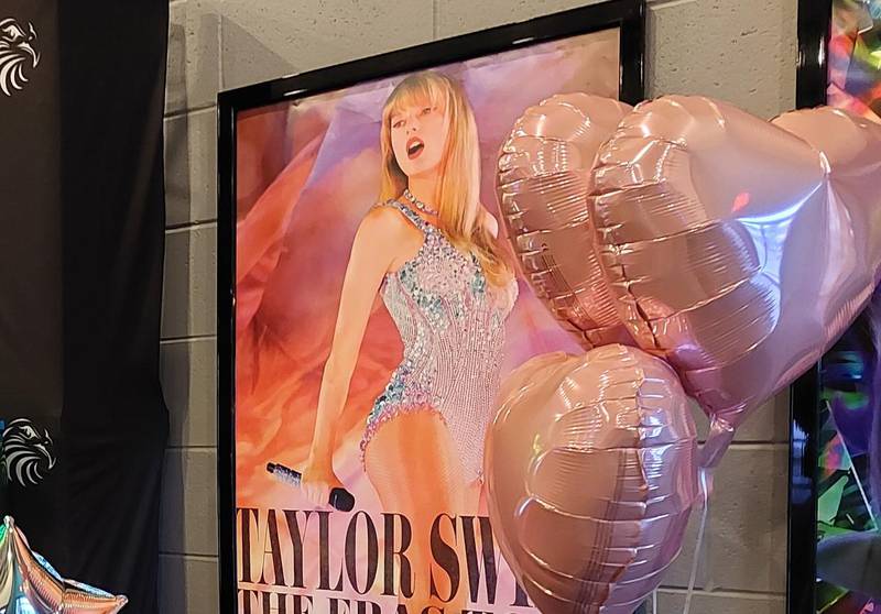 A selfie station is set up at Streator Eagle 6 for theater goers attending the "Taylor Swift: The Eras Tour" concert movie.
