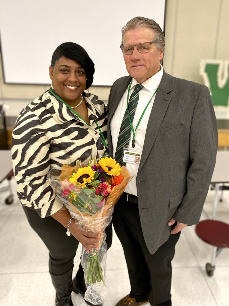 The Illinois Principals Association has selected Tiffany Drake of Woodland District 50 as the Lake Region Middle School Principal of the Year. Drake (left) is shown here with Superintendent Robert Machak.