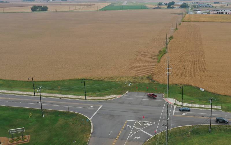 An aerial view looking east of the intersection of Peoria Street and 36th Street on Tuesday, Sept. 24, 2024 in Peru. The City of Peru released a drawing at the past city council meeting to give residents an idea of how a multi-faceted sports complex and city center may be laid out in Peru.