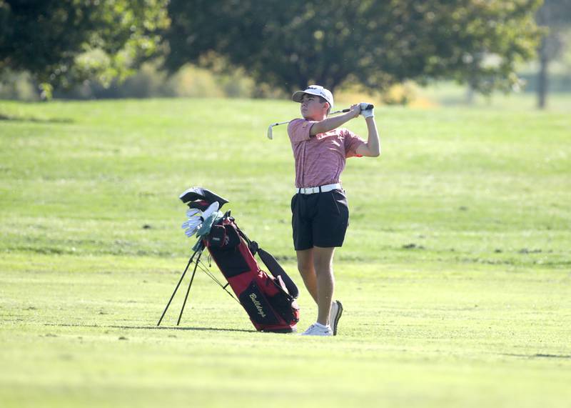 Batavia’s Ryan Augustine hits from the fairway during the Class 3A Plainfield North Boys Golf Sectional at Whitetail Ridge Golf Course in Yorkville on Monday, Oct. 2, 2023.