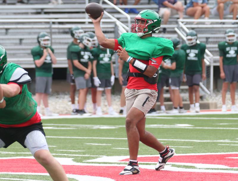 L-P quarterback Marion Persich, throws a pass during a joint practice with St. Bede on Monday July 21, 2025 at Howard Fellows Stadium.