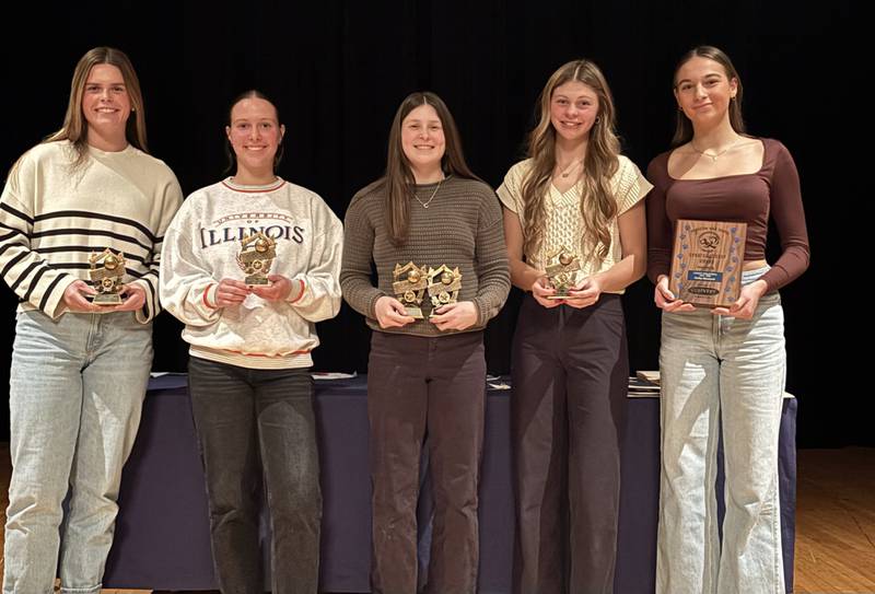 Award winners for the 2024 volleyball season for the Princeton varsity team are (from left to right) are Ellie Harp (Leadership, unanimous all-conference), Ava Kyle (Most Improved), Camryn Driscoll (Most Valuable Defense, Hustle/Attitude), Caroline Keutzer (Most Valuable Offense) and Kathy Maciczak (Sportsmanship).