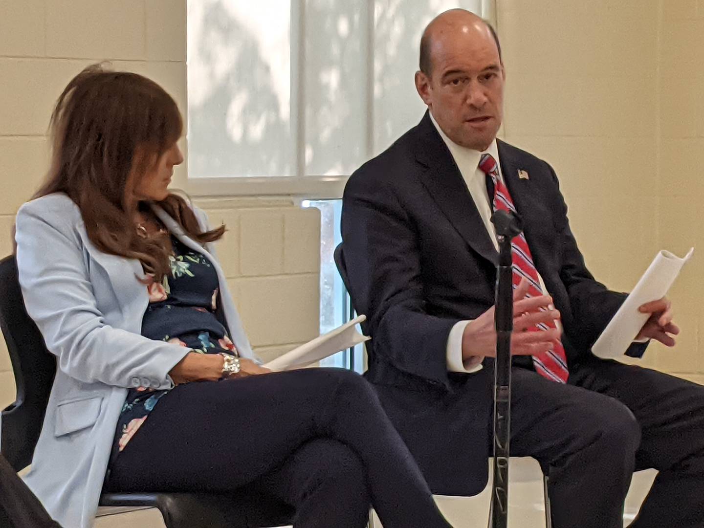 DuPage County State's Attorney Bob Berlin, right, spoke at a forum Thursday hosted by State. Sen. Linda Holmes, left.