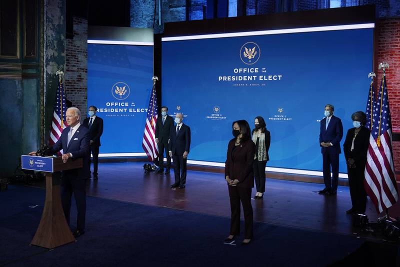 President-elect Joe Biden and Vice President-elect Kamala Harris introduce their nominees and appointees to key national security and foreign policy posts at The Queen theater, Tuesday, Nov. 24, 2020, in Wilmington, Del. (AP Photo/Carolyn Kaster)