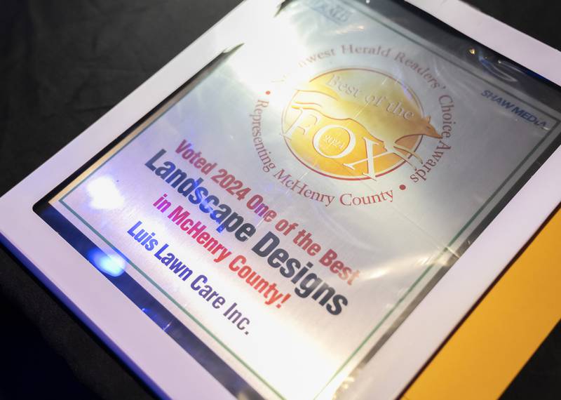 One of the framed awards for One of the Best Landscape Designs in McHenry County Luis Lawn Care Inc. during the Northwest Herald Best of the Fox awards ceremony on Thursday, September 19, 2024 at Lou's Lounge at the Dole Mansion in Crystal Lake. Ryan Rayburn for Shaw Local