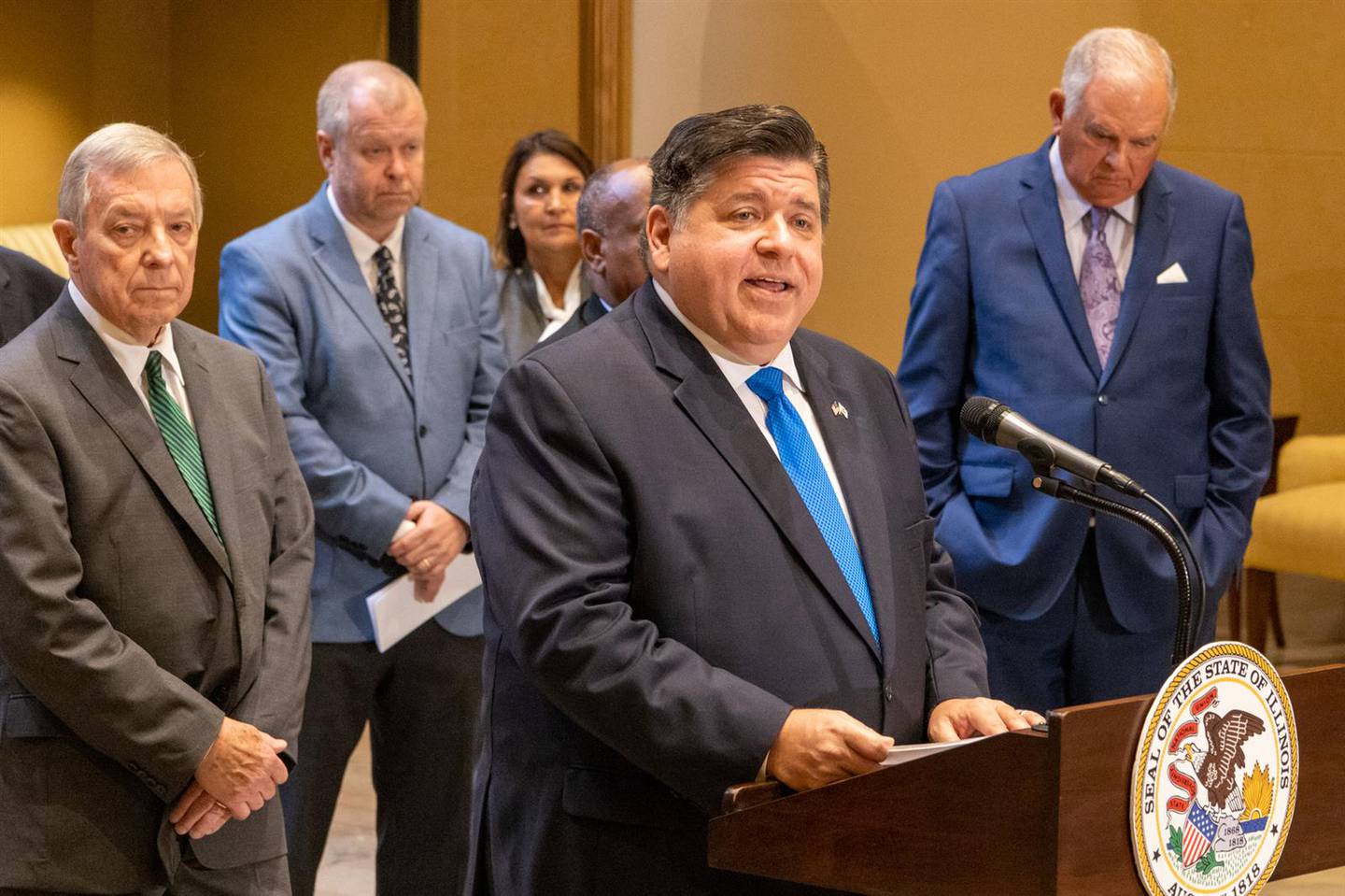 Gov. JB Pritzker speaks at an event Monday, June 26, 2023, celebrating the launch of a new, faster schedule for Lincoln Service trains in Illinois.