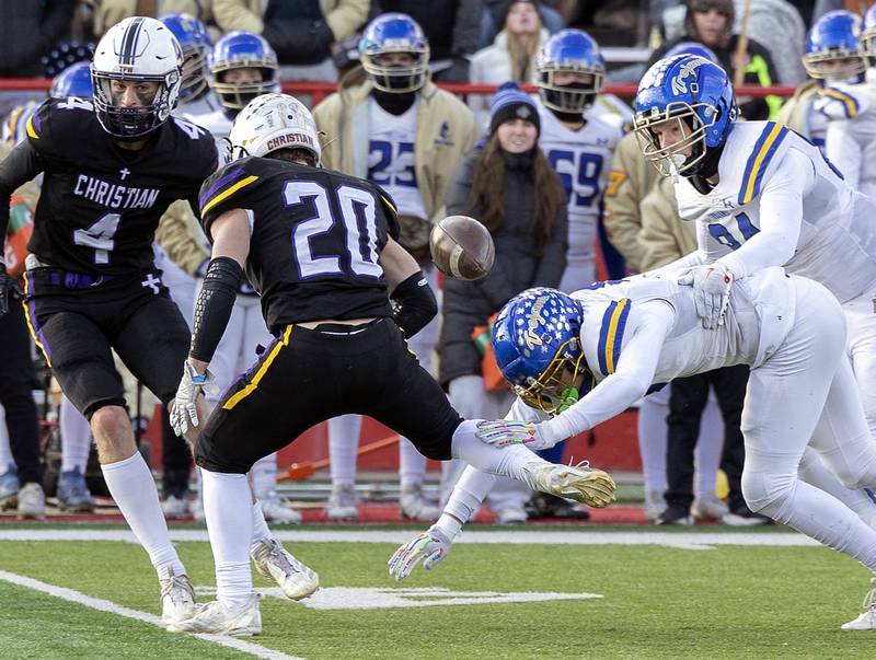 Chicago Christian's Kenny Jager fumbles a ball against Maroa-Forsyth Friday, Nov. 29, 2024, in the class 2A football state final.