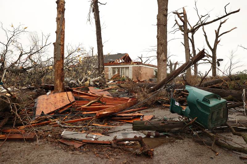 Damage is seen along Elmwood Drive in Aroma Park  on March 11, 2026 following a March 10 tornado that passed through Kankakee County.
