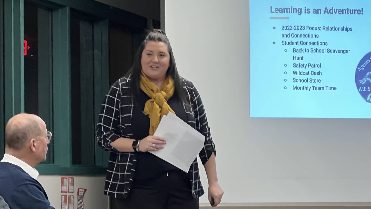 Emily Waller, West Elementary School's principal, gives the Sycamore Community School District 427's Board of Educators a presentation on the school on Jan. 10, 2023, the first school board meeting held at the facility since before the pandemic.