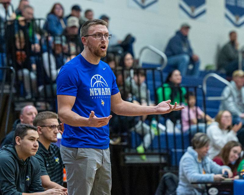 Newark's Head Coach Kyle Anderson reacts to officials call in game against Leland during the quarterfinals of the Little Ten Conference Tournament on Monday, Feb. 2, 2026 at Somonauk High School in Somonauk.