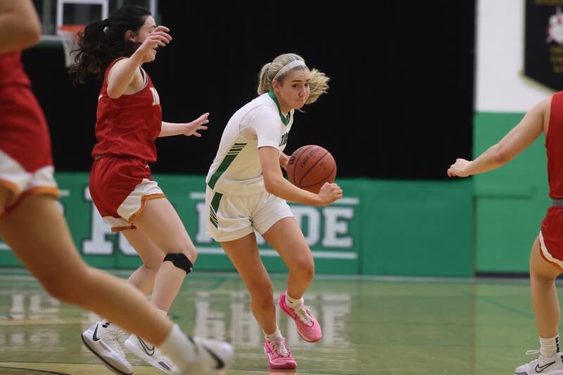 Providence’s Eilish Raines makes a move to the paint against Mother McAuley on Monday, Jan. 8th, 2024 in New Lenox.