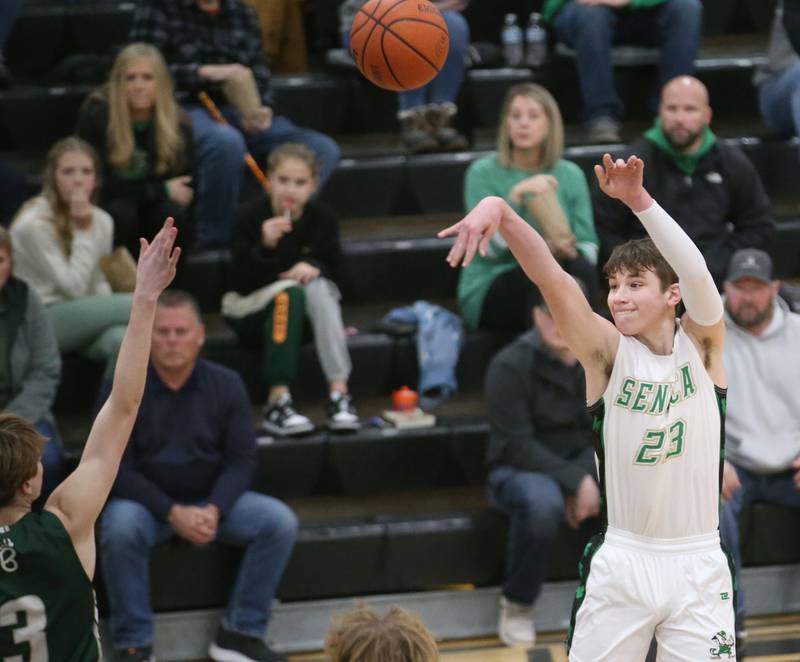 Seneca's Brady Sheedy shoots a wide-open jump shot against St. Bede during the Tri-County Conference Tournament on Tuesday, Jan. 23, 2024 at Putnam County High School.
