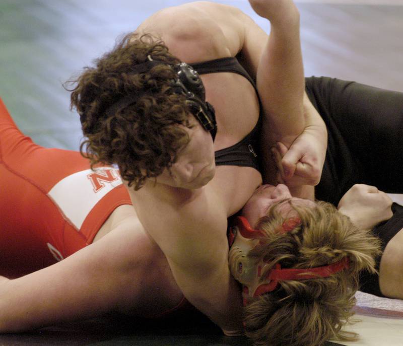 Dixon's Adam Staples has Jayden Berry locked up. Rock Falls, Dixon, Oregon and La-Salle Peru wrestle in meet at Rock Falls. The event took place on January 21, 2026.