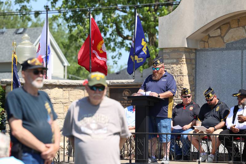 David McCleery, Sr. Vice Commander of the Bradley American Legion, reads the names of approximately 130 fallen service members from the Kankakee County area over the past year during the Legion's Memorial Day ceremony on Monday, May 25, 2026.