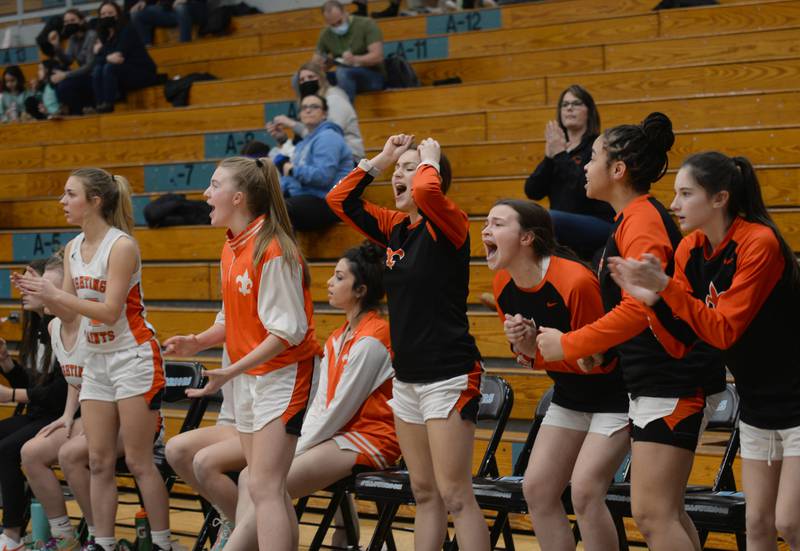 St. Charles East cheers on their team during the last few remaining seconds their regional game against Willowbrook Thursday Feb. 17, 2022.