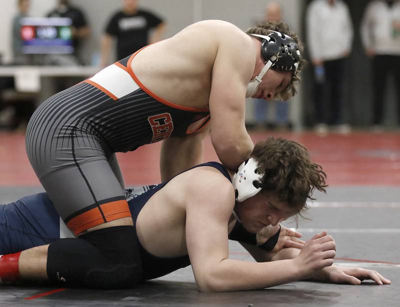 Crystal Lake Central’s Cayden Parks controls Cary-Grove’s Landon Locker in a 190-pound semifinal match of the IHSA 2A Antioch Wrestling Regional on Saturday, Feb. 8, 2025, at Antioch High School.