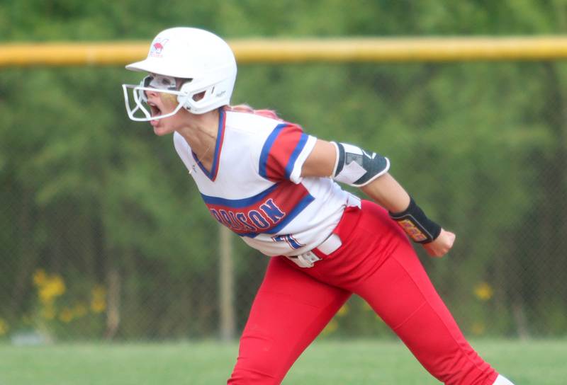 Morrison’s Bella Duncan gets excited pulling into second base with an RBI double against Marengo in IHSA Class 2A Sectional Semifinal softball action at Marian Central High School in Woodstock on Thursday, May 29, 2025.