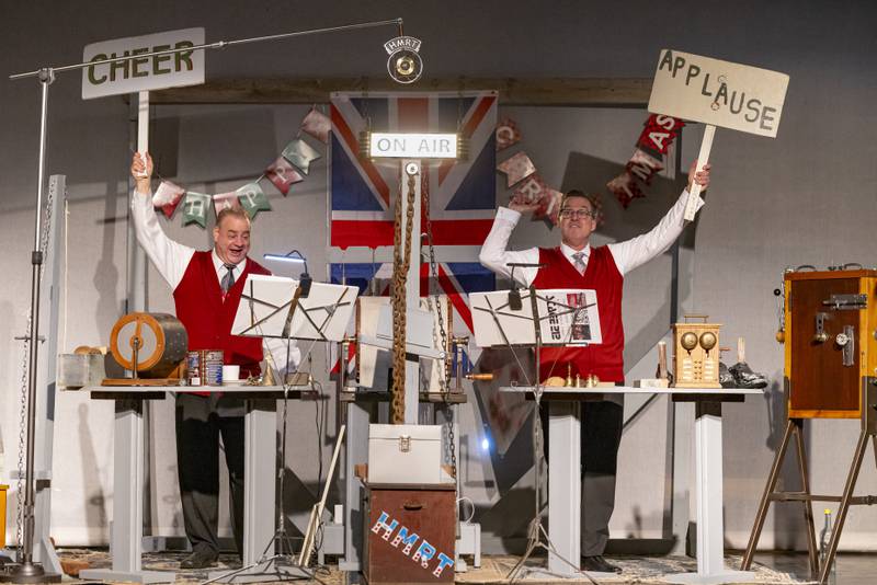 Audience participation is a big part of “A Christmas Carol: The Ghosts of Christmas,” seen here being rehearsed Nov. 23, 2024, at Stage 212. The La Salle theater company will stage the Dickens classic at 7:30 p.m. Friday, Dec. 6 and at 2 p.m. Sunday, Dec. 8. Jeff Sudakov (left) and Dave Roden (right) provide the narration, byplay and sound effects.